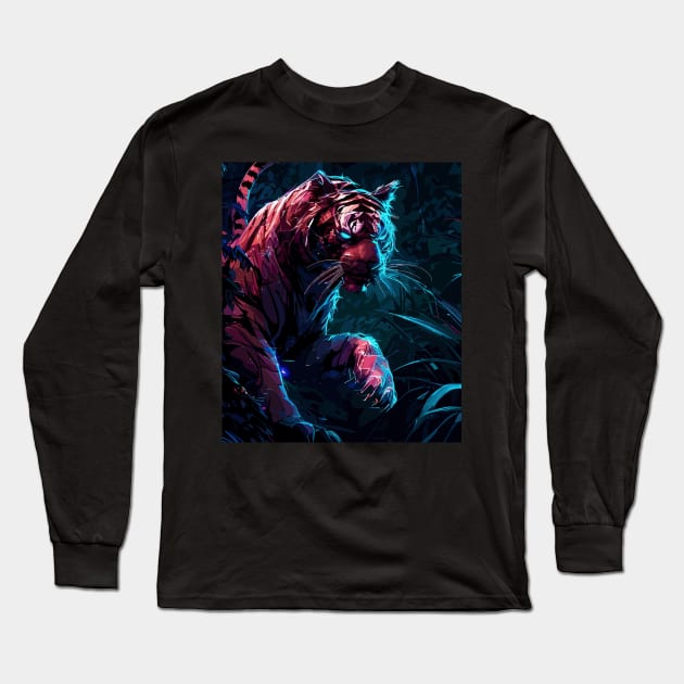 Cyber Tiger in Jungle Long Sleeve T-Shirt by TomFrontierArt